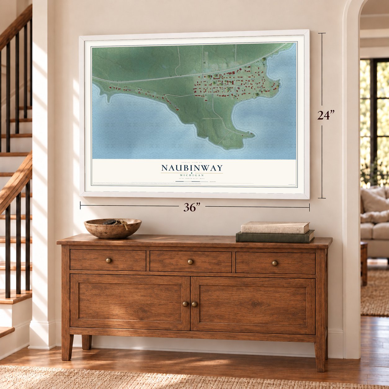 Naubinway, Michigan map, 24 x 36 inch print in a white frame above a dresser by a staircase