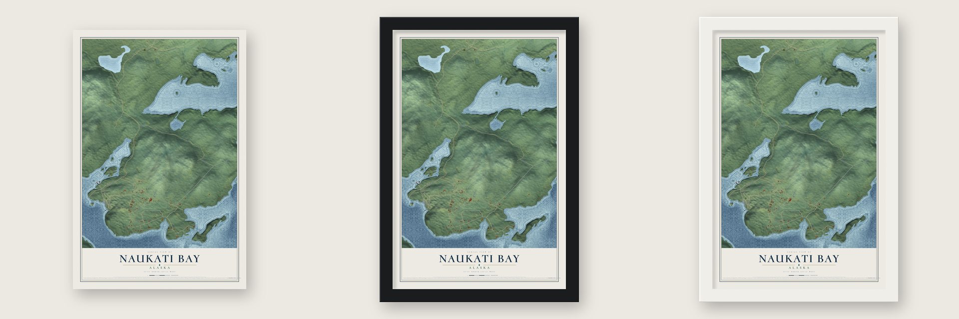 Naukati Bay, Alaska map unframed, in a black wood frame and in a white wood frame