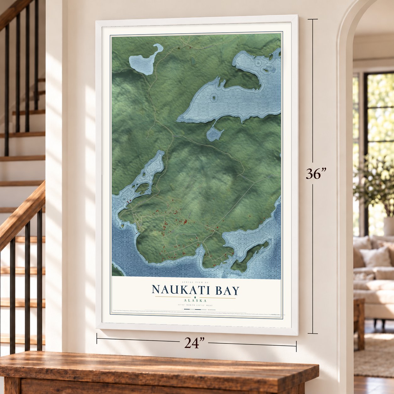 Naukati Bay, Alaska map, 24 x 36 inch print in a white frame by a staircase