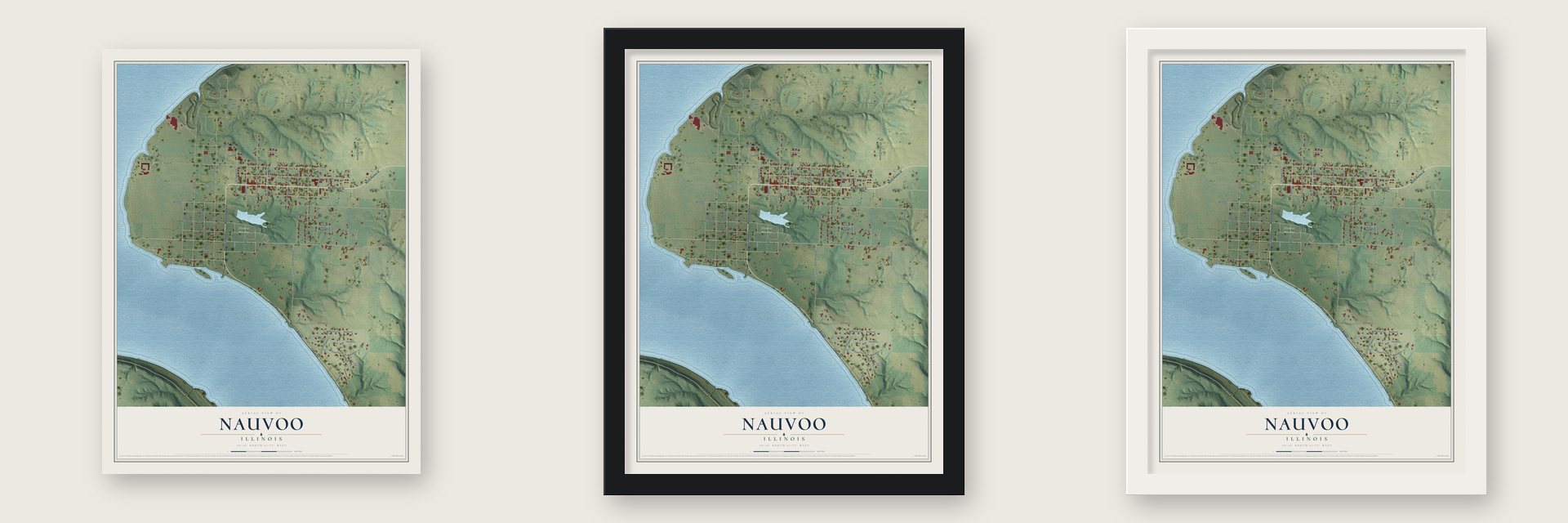 Nauvoo, Illinois map unframed, in a black wood frame and in a white wood frame
