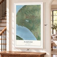 Nauvoo, Illinois map, 24 x 36 inch print in a white frame by a staircase