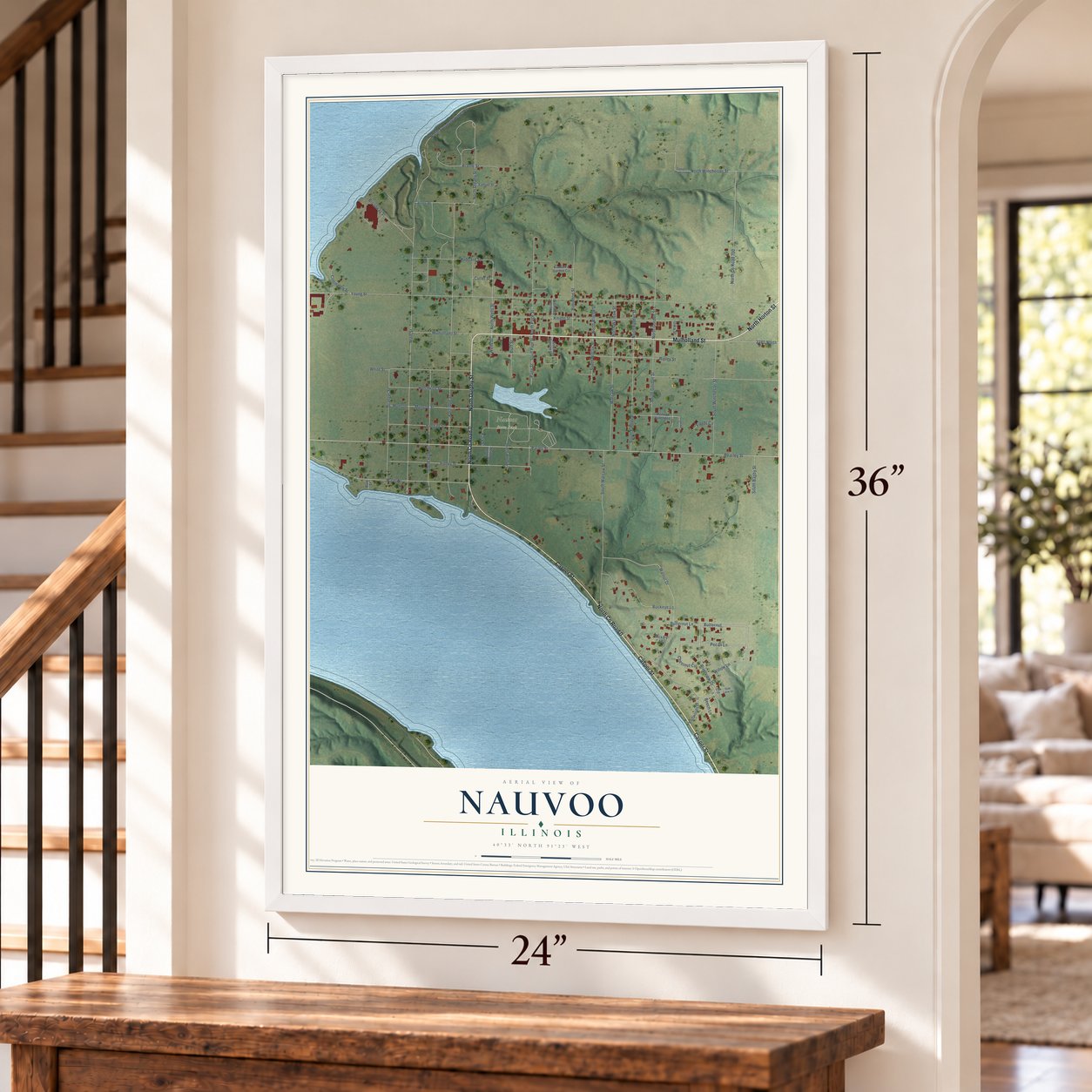Nauvoo, Illinois map, 24 x 36 inch print in a white frame by a staircase
