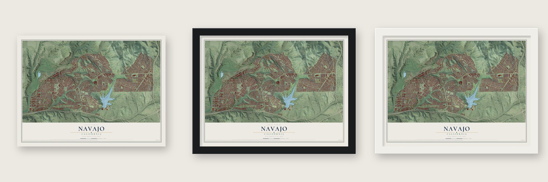 Navajo, California map unframed, in a black wood frame and in a white wood frame