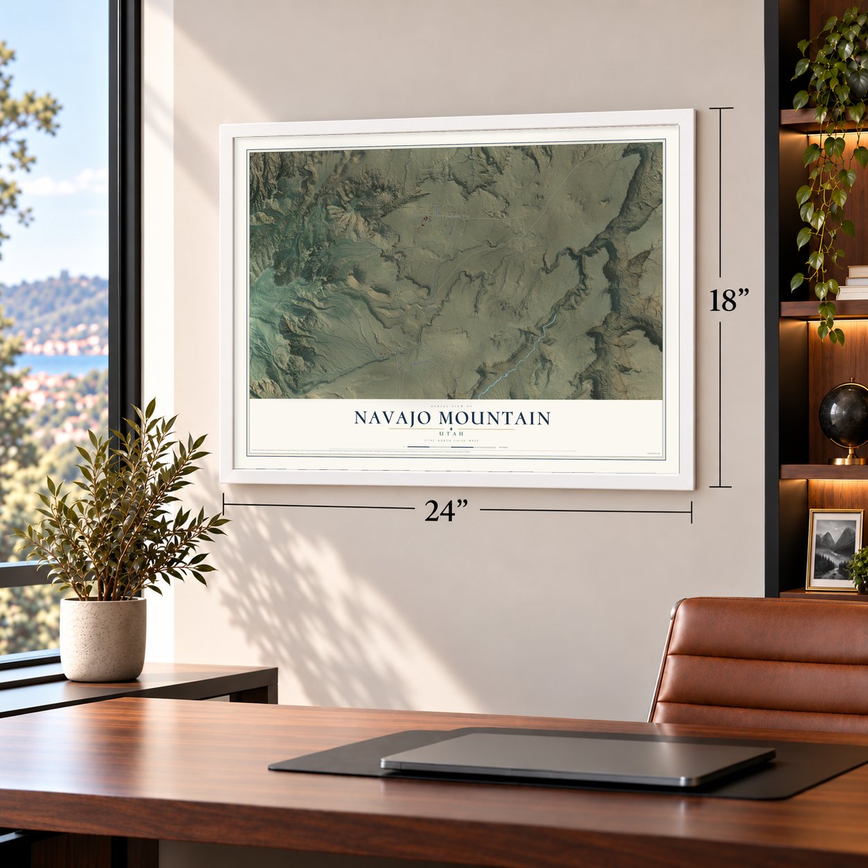 Navajo Mountain, Utah map, 18 x 24 inch print in a white frame in a home office