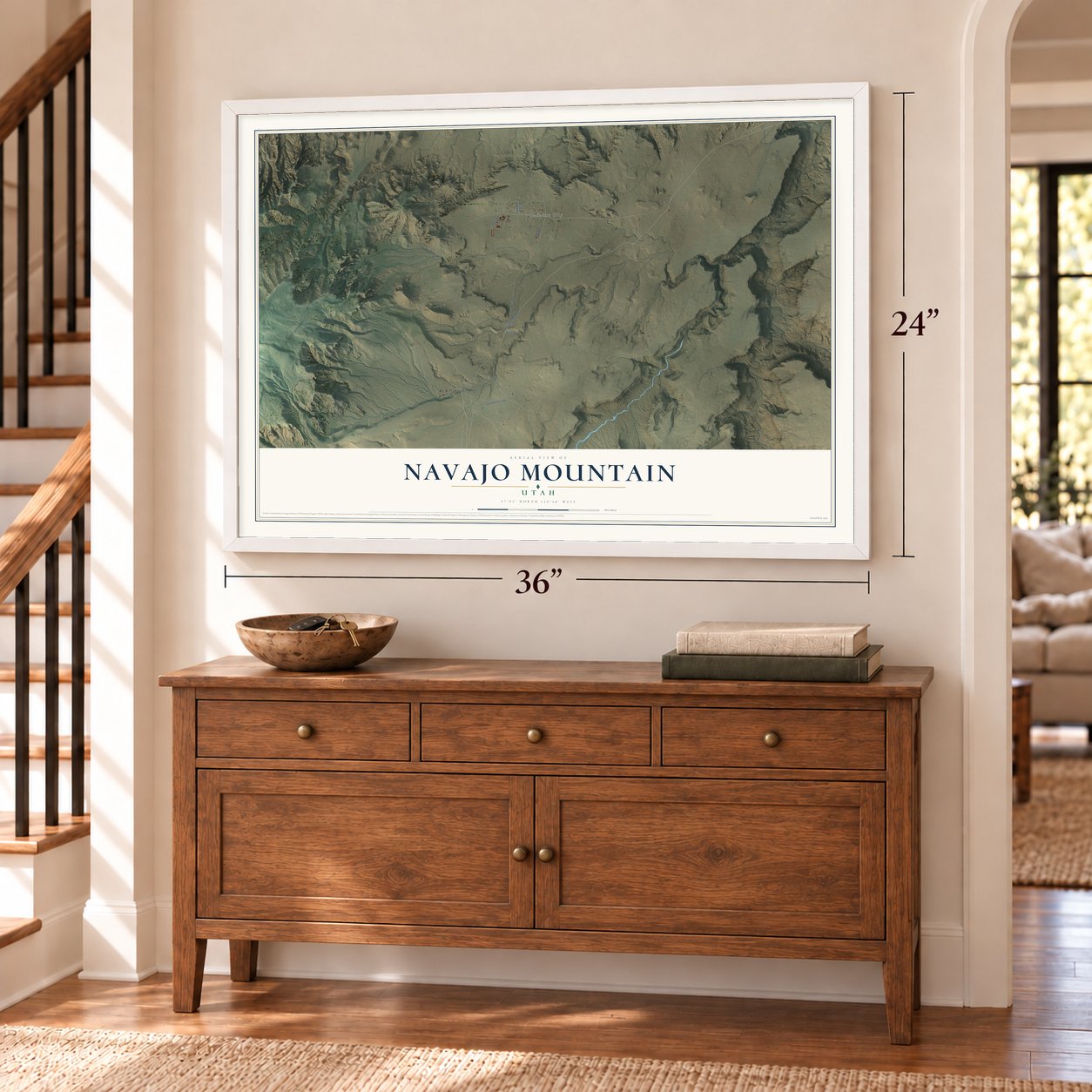 Navajo Mountain, Utah map, 24 x 36 inch print in a white frame above a dresser by a staircase