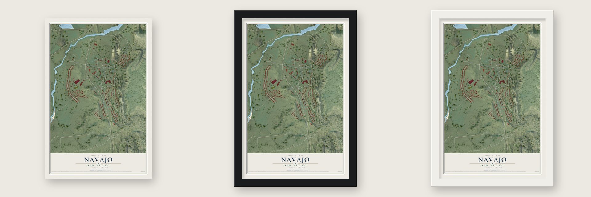 Navajo, New Mexico map unframed, in a black wood frame and in a white wood frame