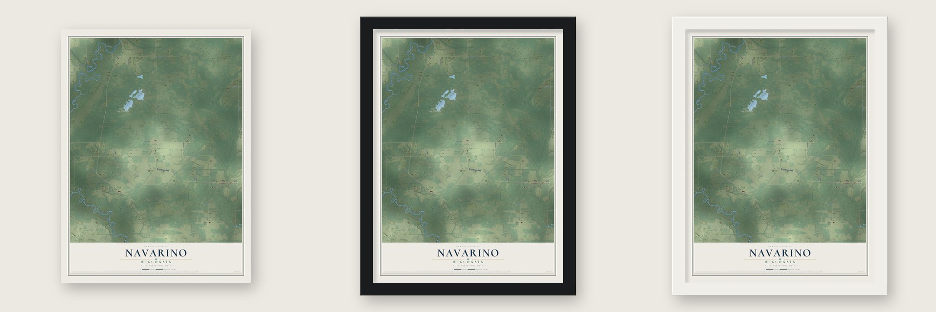 Navarino, Wisconsin map unframed, in a black wood frame and in a white wood frame