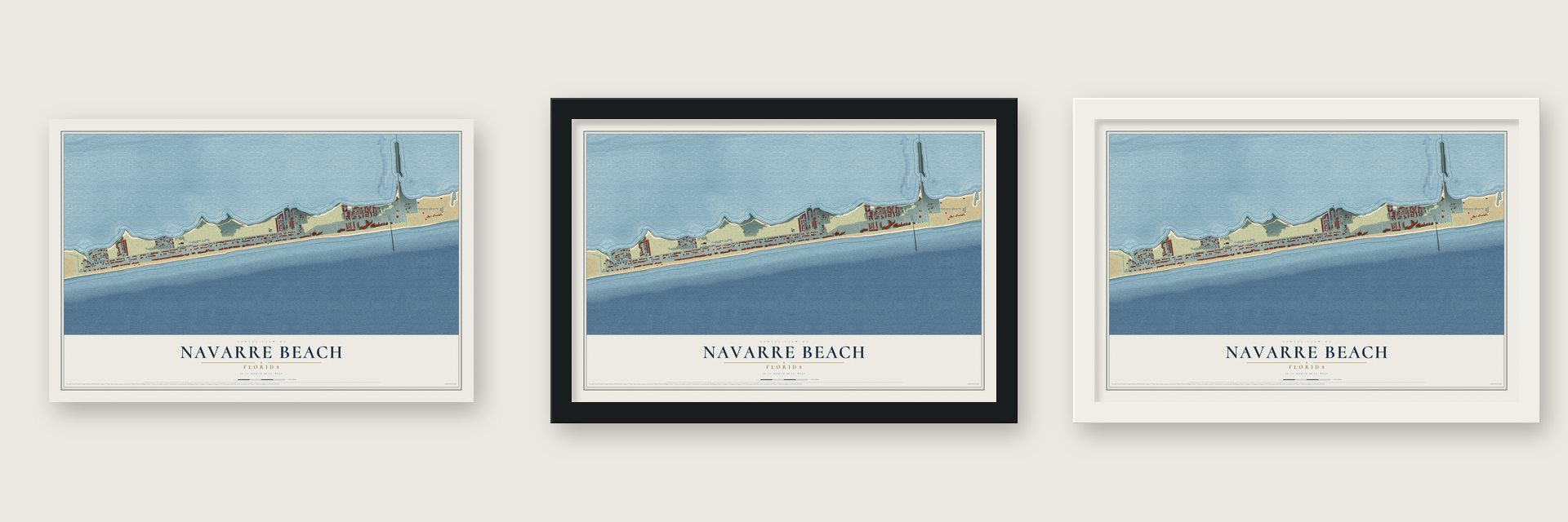 Navarre Beach, Florida map unframed, in a black wood frame and in a white wood frame