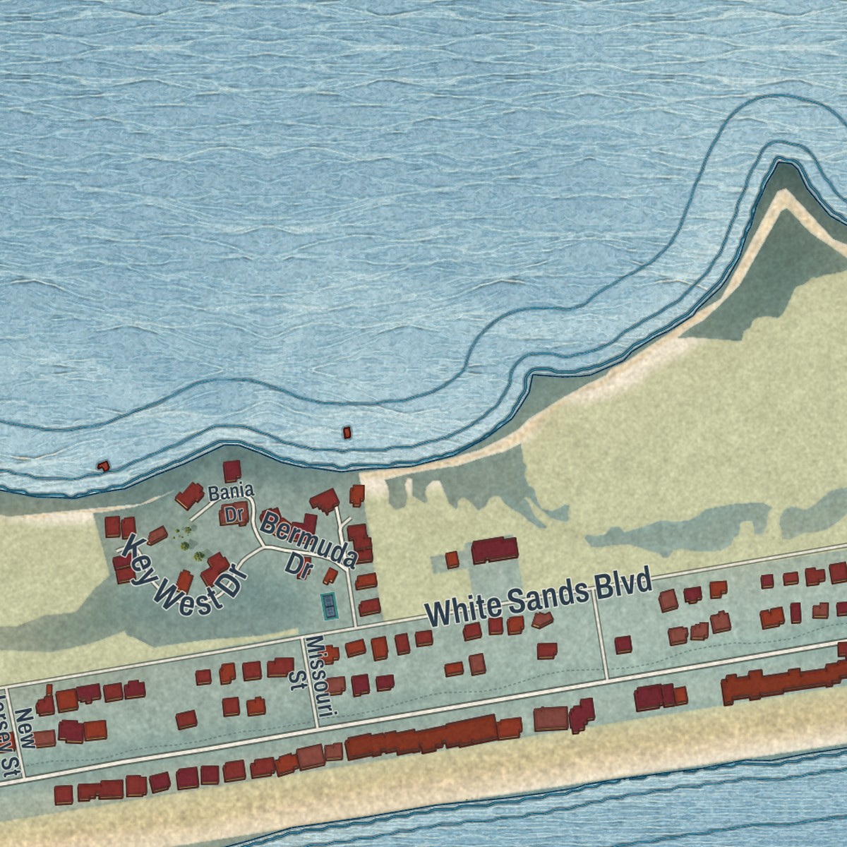 Second close-up of the map of Navarre Beach, Florida print showing more streets and buildings