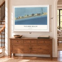 Navarre Beach, Florida map, 24 x 36 inch print in a white frame above a dresser by a staircase