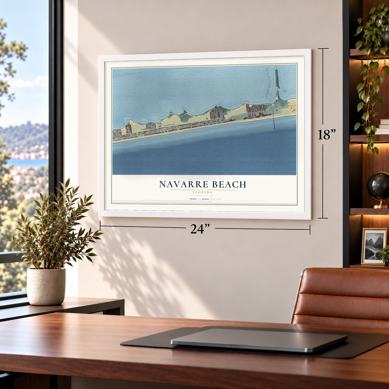 Navarre Beach, Florida map, 18 x 24 inch print in a white frame in a home office