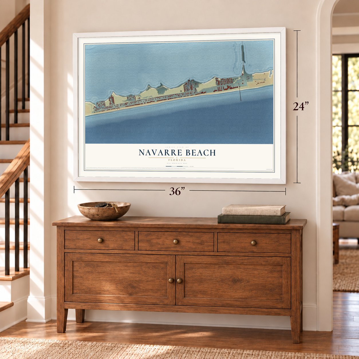 Navarre Beach, Florida map, 24 x 36 inch print in a white frame above a dresser by a staircase
