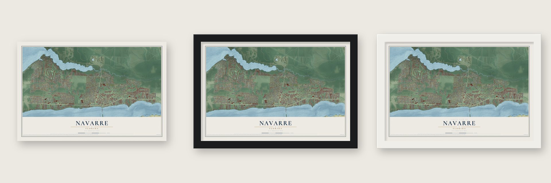 Navarre, Florida map unframed, in a black wood frame and in a white wood frame