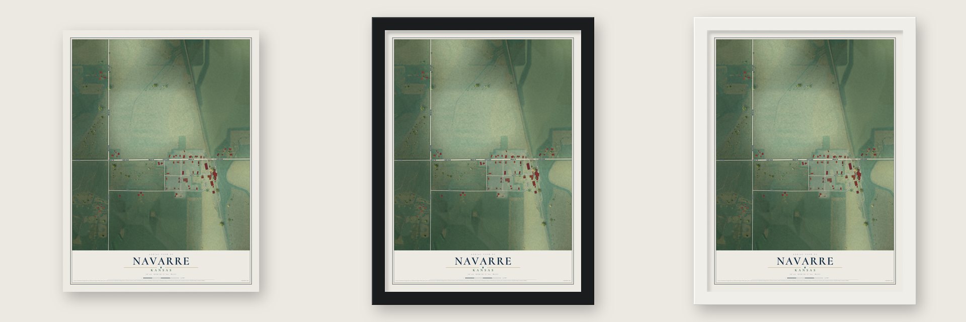 Navarre, Kansas map unframed, in a black wood frame and in a white wood frame