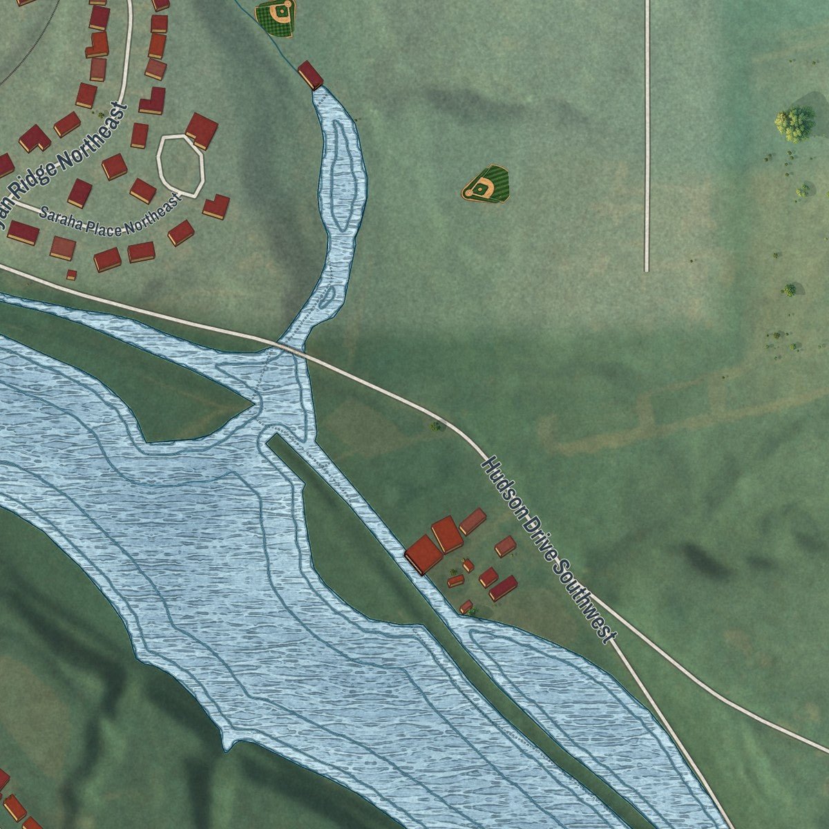 Second close-up of the map of Navarre, Ohio print showing more streets and buildings