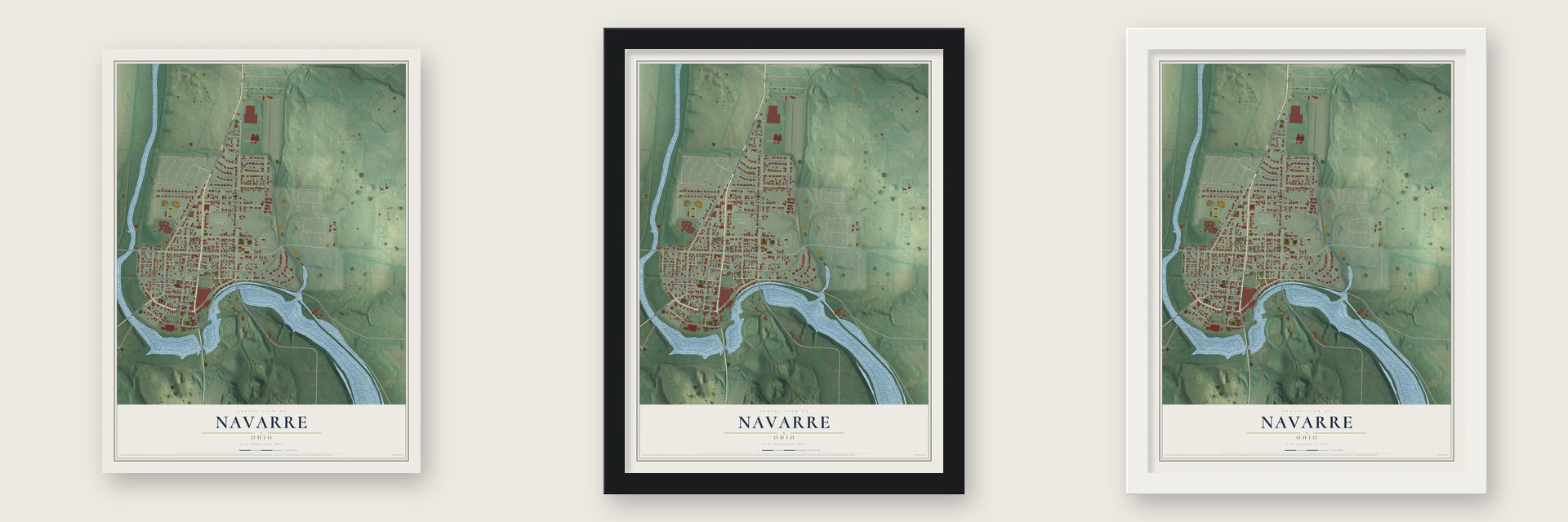 Navarre, Ohio map unframed, in a black wood frame and in a white wood frame