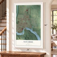 Navarre, Ohio map, 24 x 36 inch print in a white frame by a staircase