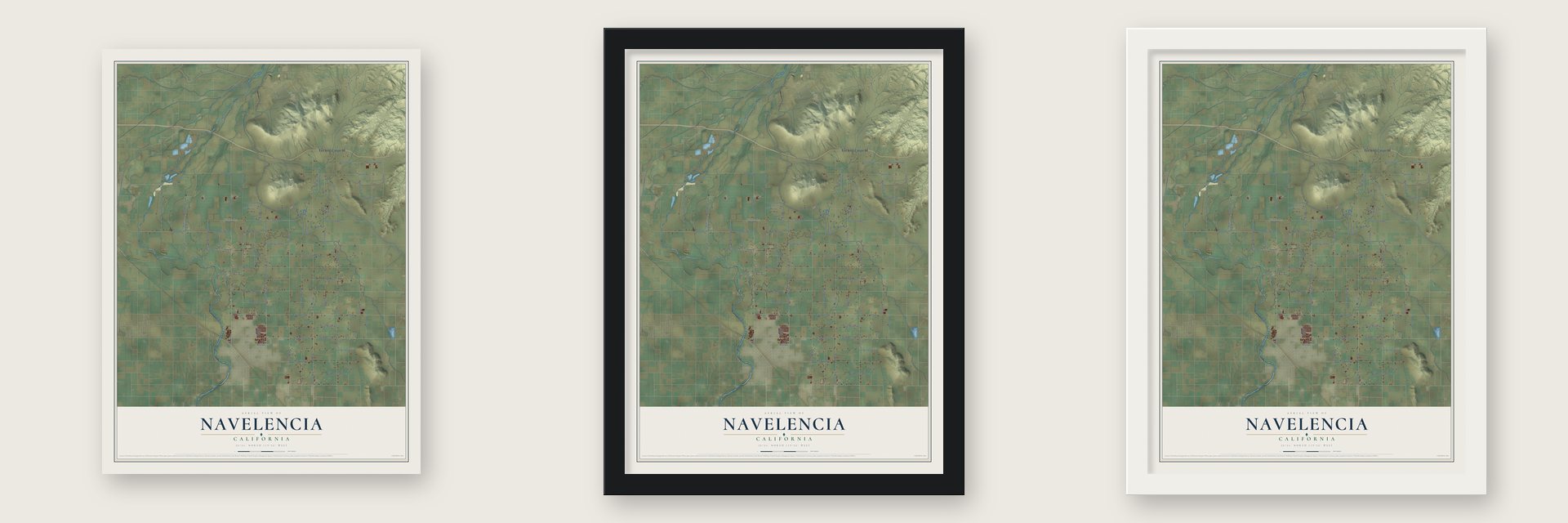 Navelencia, California map unframed, in a black wood frame and in a white wood frame