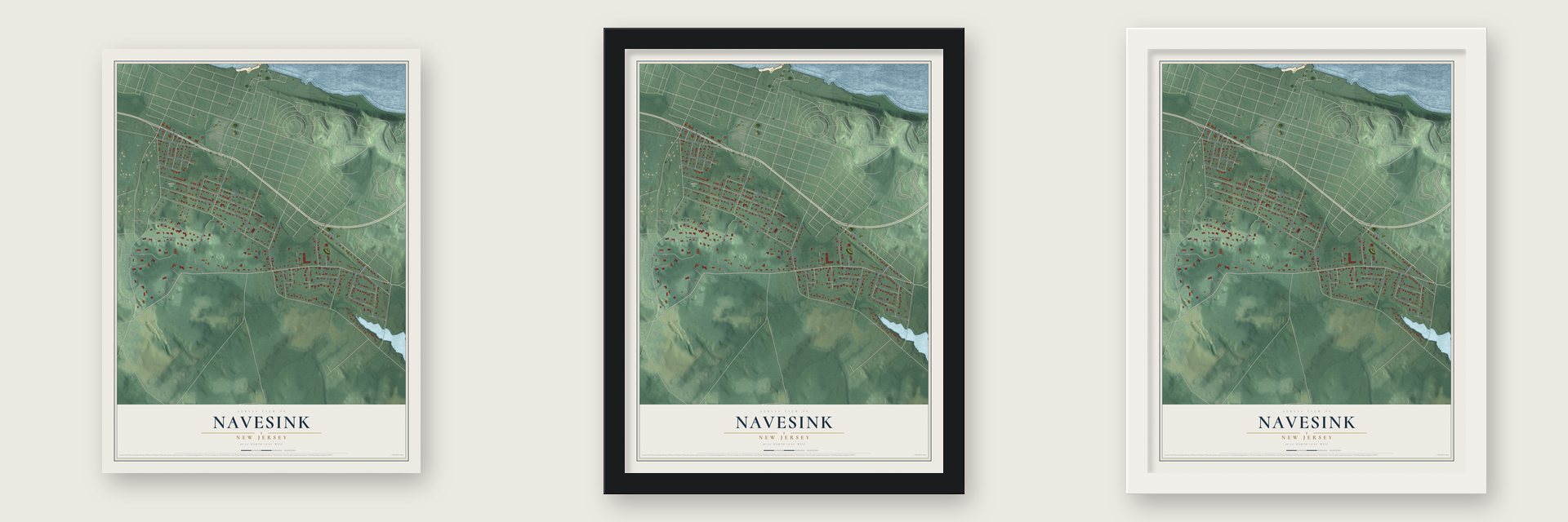 Navesink, New Jersey map unframed, in a black wood frame and in a white wood frame