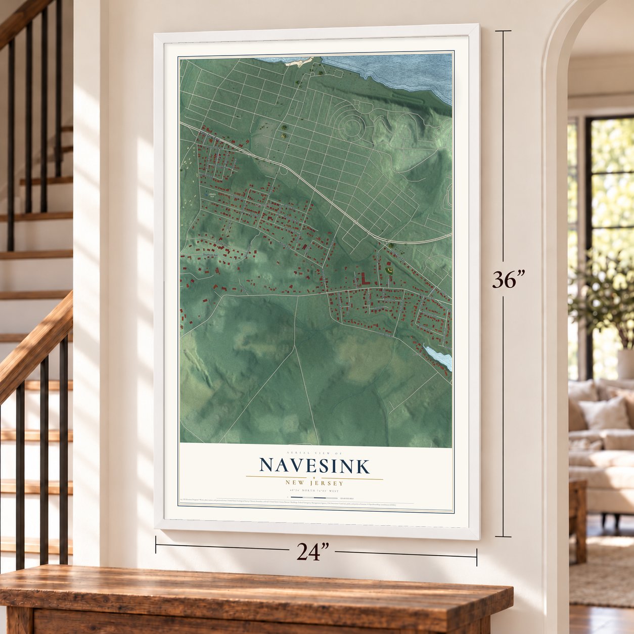 Navesink, New Jersey map, 24 x 36 inch print in a white frame by a staircase
