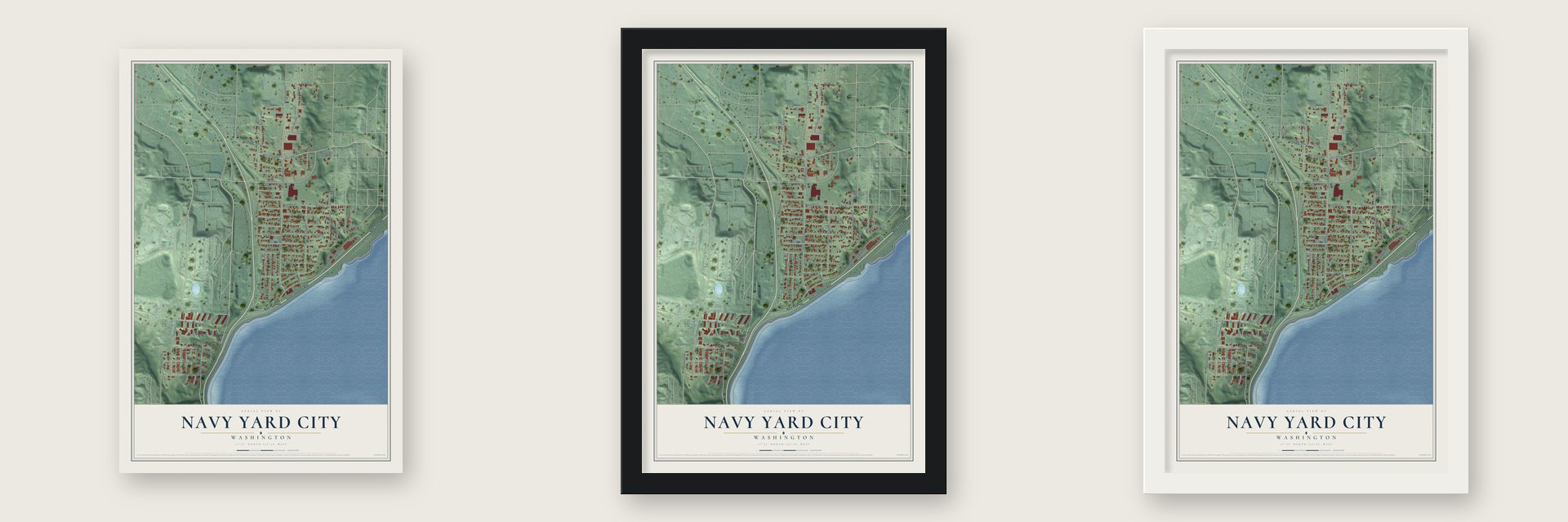 Navy Yard City, Washington map unframed, in a black wood frame and in a white wood frame