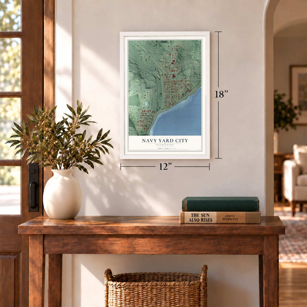 Navy Yard City, Washington map, 12 x 18 inch print in a white frame in an entryway