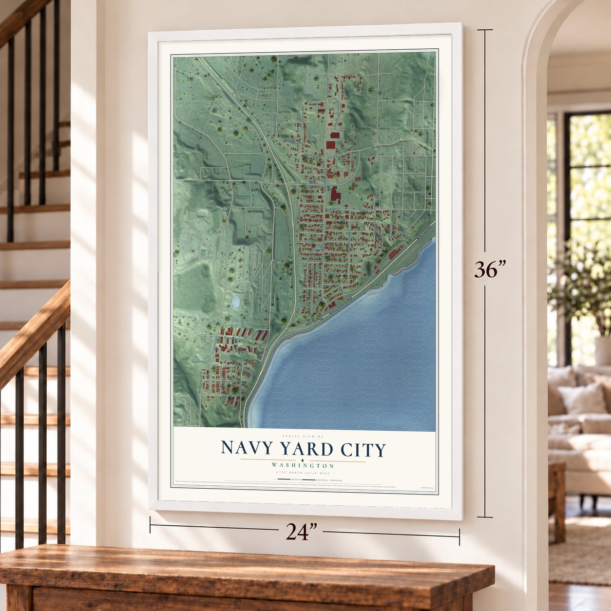 Navy Yard City, Washington map, 24 x 36 inch print in a white frame by a staircase