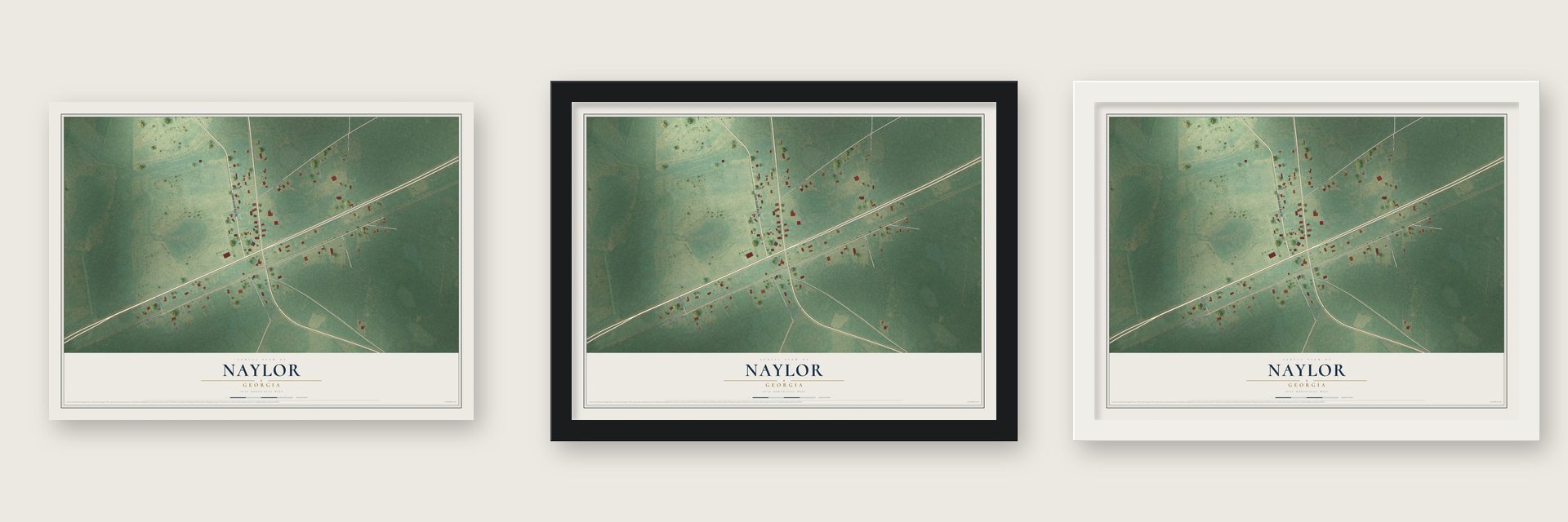Naylor, Georgia map unframed, in a black wood frame and in a white wood frame