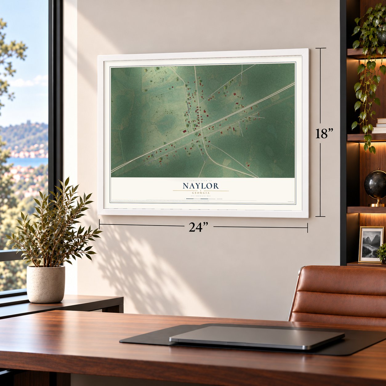 Naylor, Georgia map, 18 x 24 inch print in a white frame in a home office