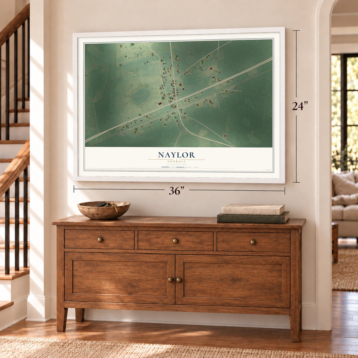 Naylor, Georgia map, 24 x 36 inch print in a white frame above a dresser by a staircase