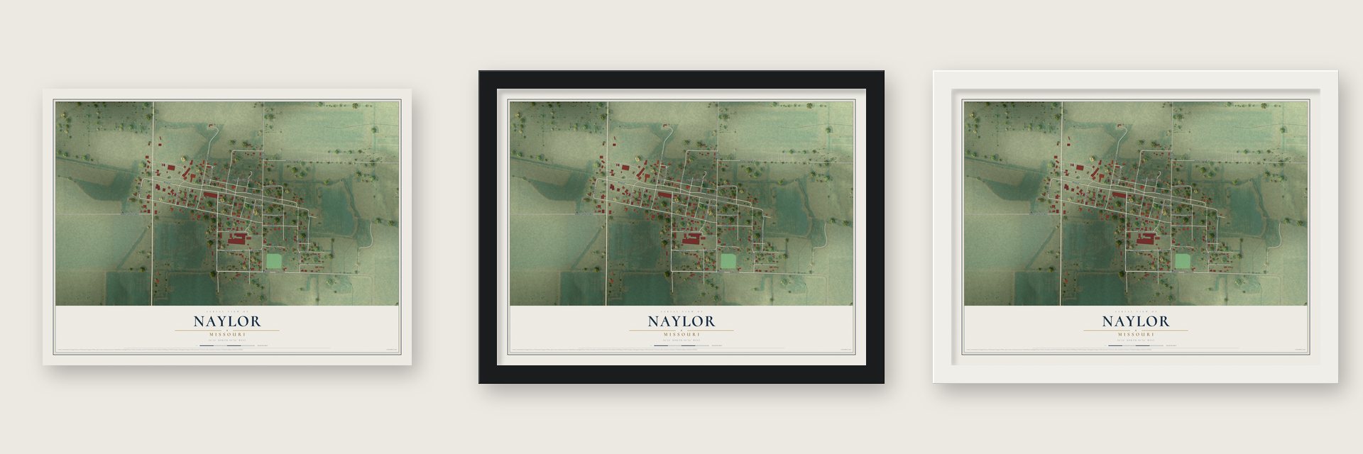 Naylor, Missouri map unframed, in a black wood frame and in a white wood frame
