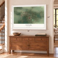 Naylor, Missouri map, 24 x 36 inch print in a white frame above a dresser by a staircase