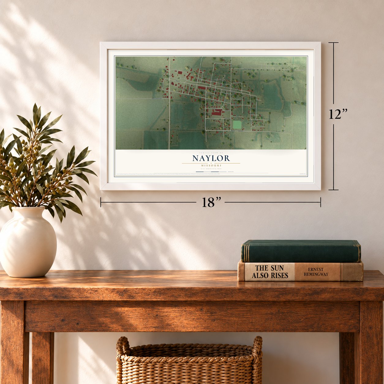 Naylor, Missouri map, 12 x 18 inch print in a white frame in an entryway