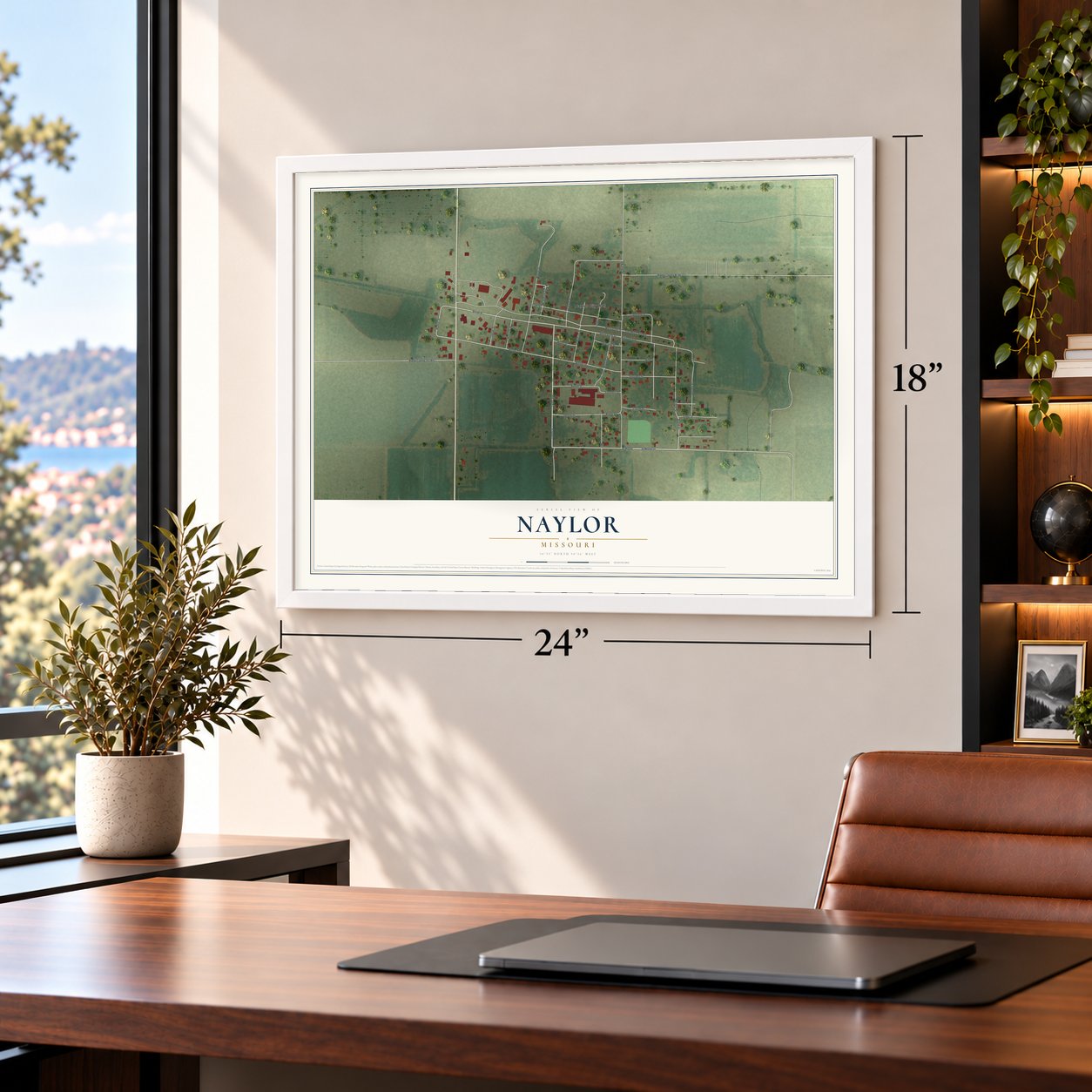 Naylor, Missouri map, 18 x 24 inch print in a white frame in a home office