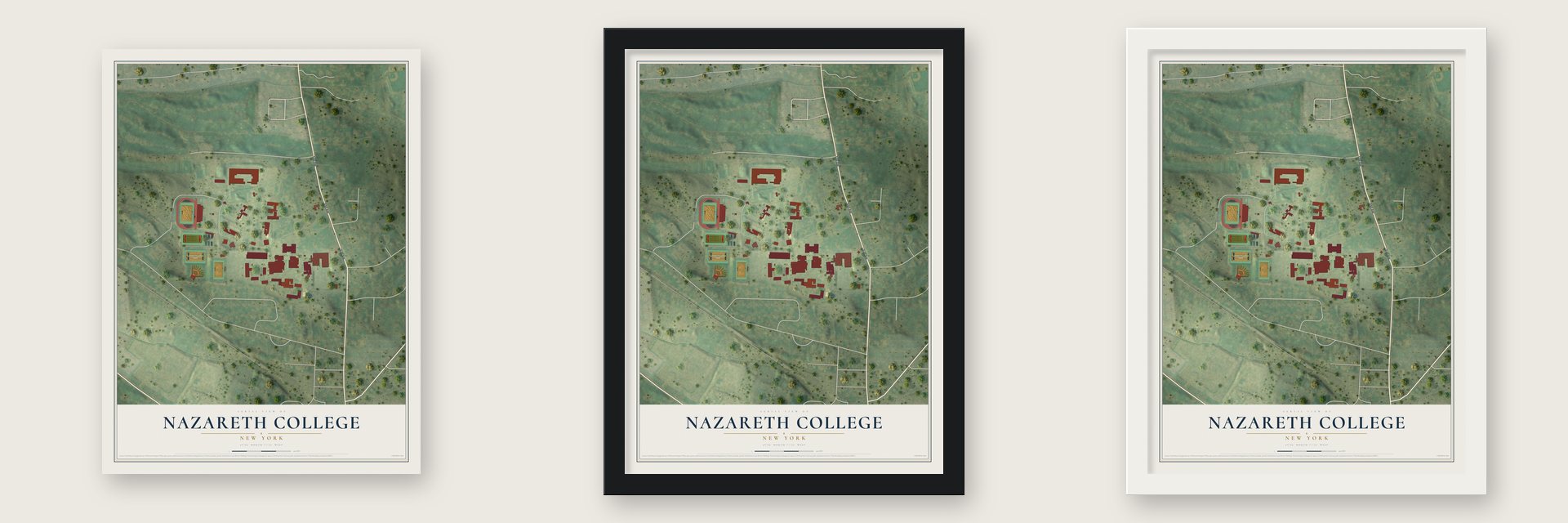 Nazareth College, New York map unframed, in a black wood frame and in a white wood frame