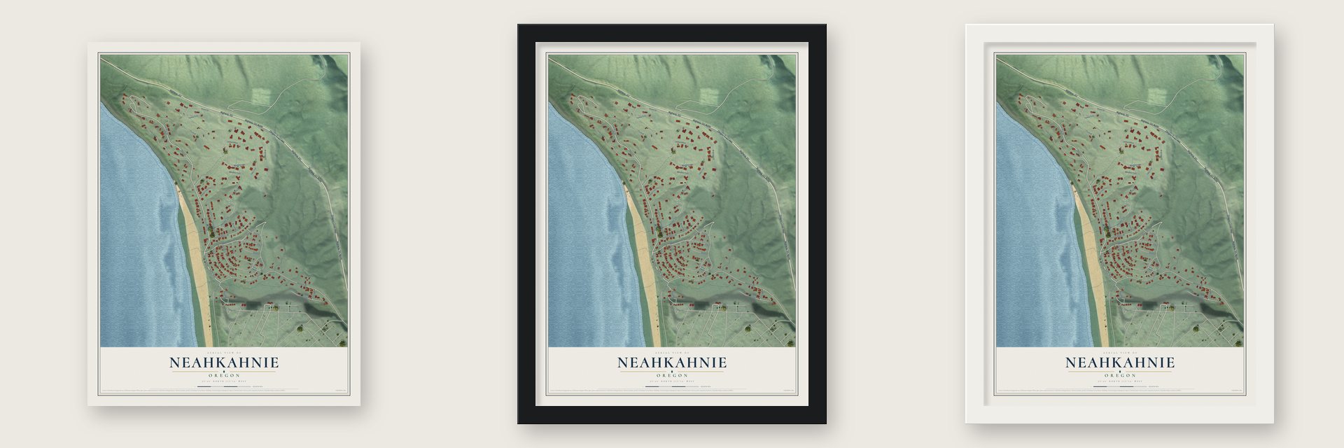 Neahkahnie, Oregon map unframed, in a black wood frame and in a white wood frame