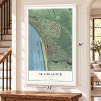 Neahkahnie, Oregon map, 24 x 36 inch print in a white frame by a staircase