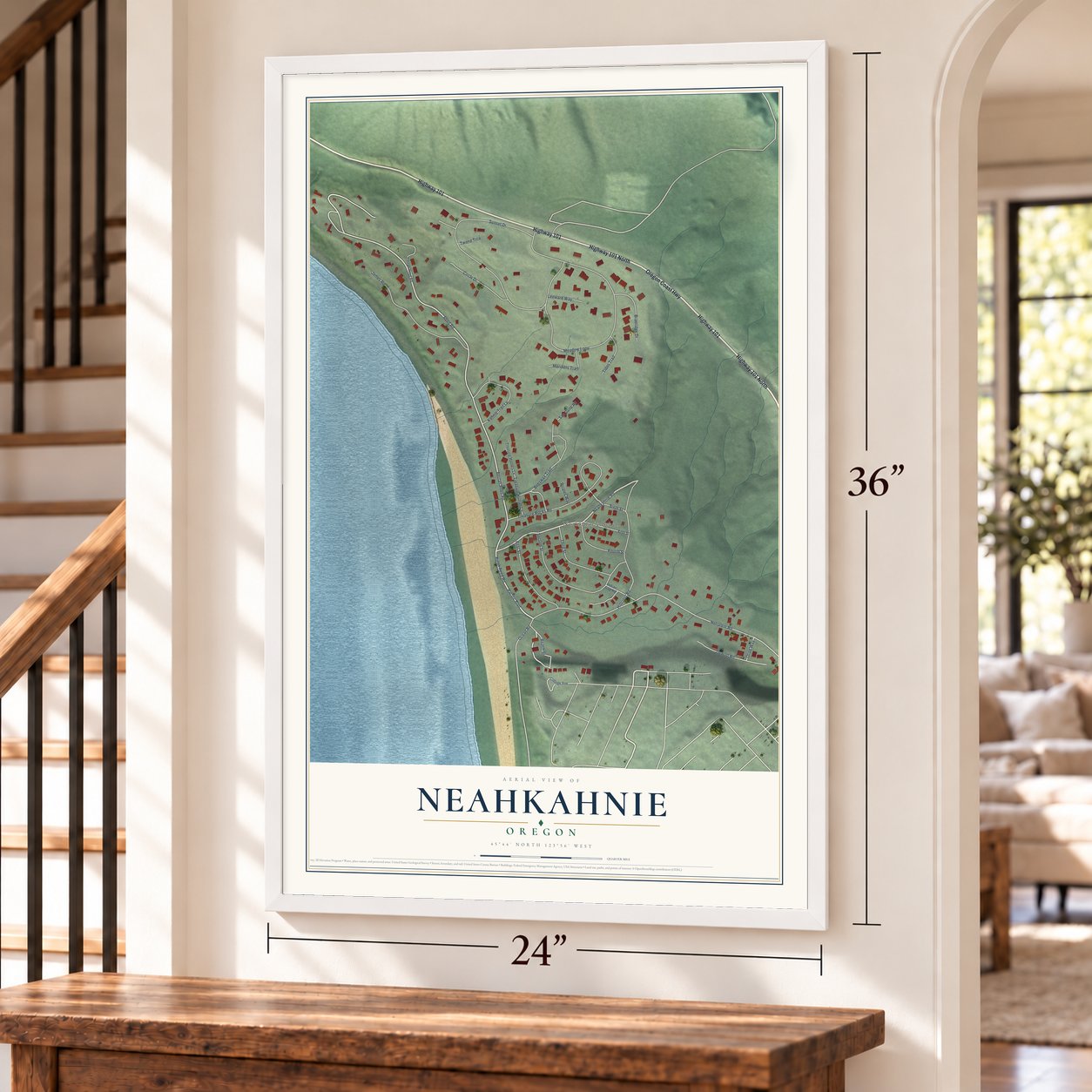 Neahkahnie, Oregon map, 24 x 36 inch print in a white frame by a staircase