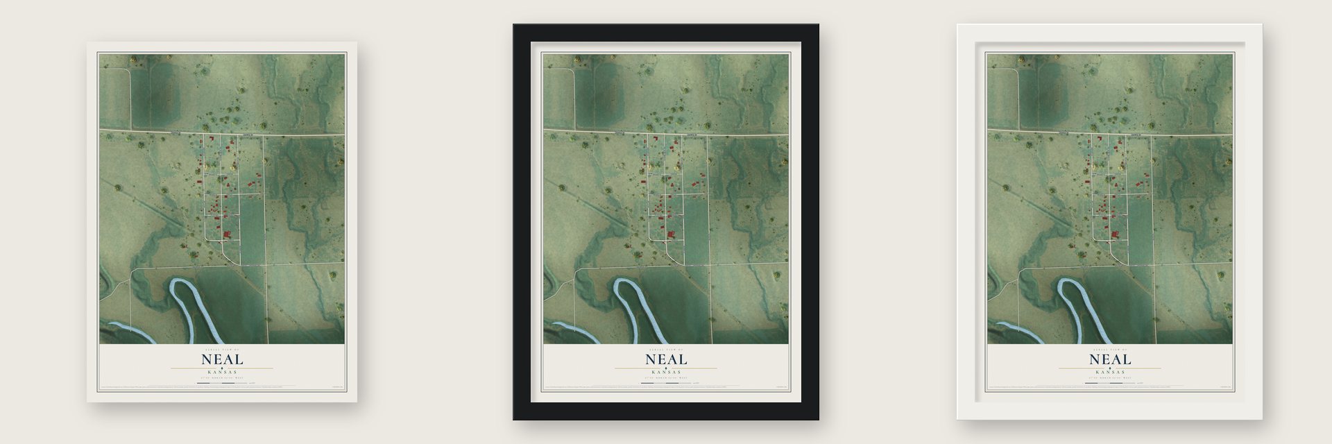 Neal, Kansas map unframed, in a black wood frame and in a white wood frame
