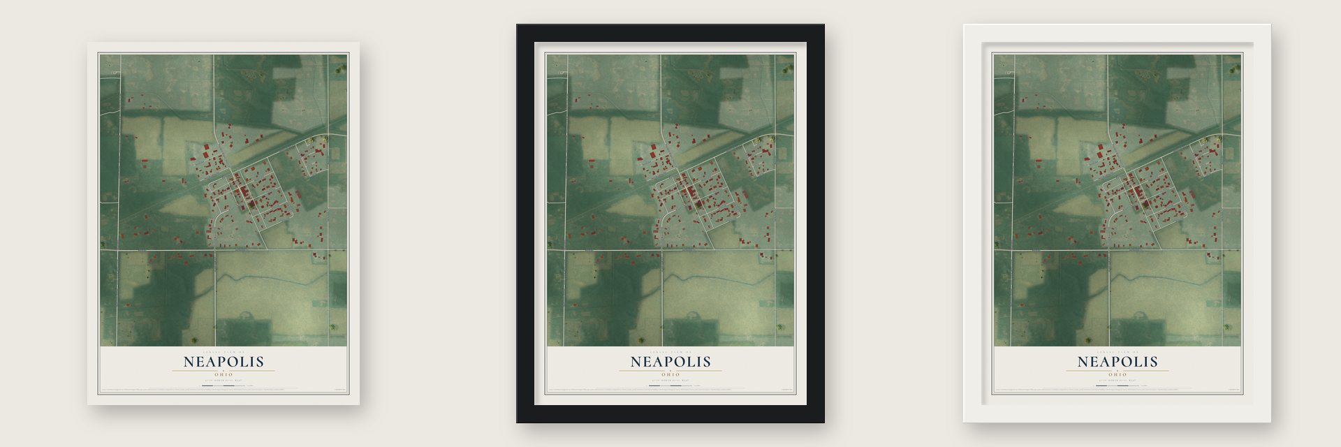 Neapolis, Ohio map unframed, in a black wood frame and in a white wood frame