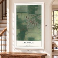 Neapolis, Ohio map, 24 x 36 inch print in a white frame by a staircase