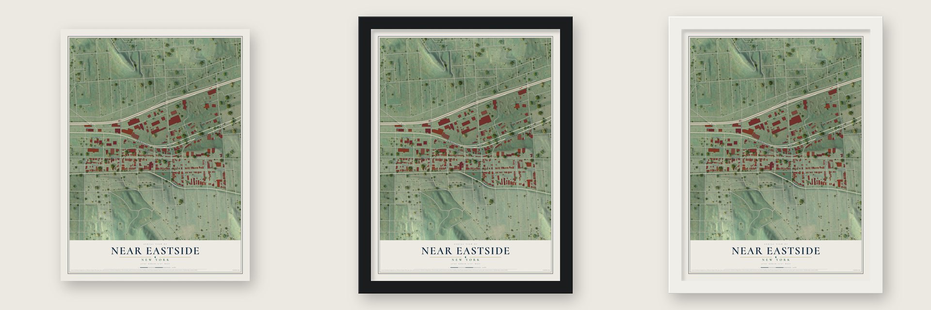 Near Eastside, New York map unframed, in a black wood frame and in a white wood frame