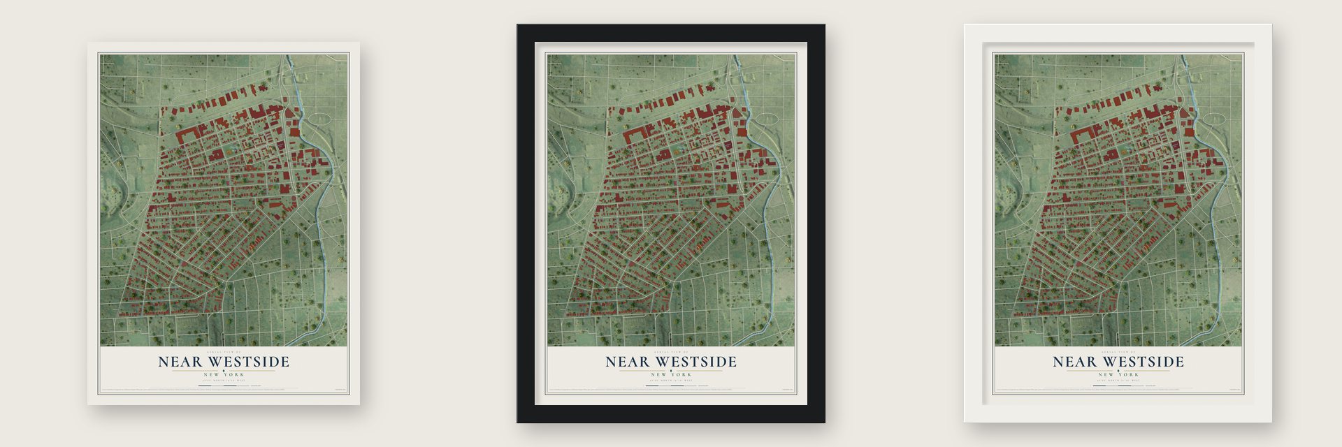 Near Westside, New York map unframed, in a black wood frame and in a white wood frame