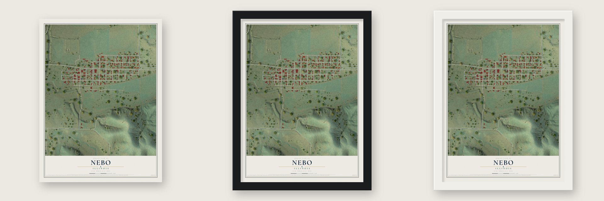 Nebo, Illinois map unframed, in a black wood frame and in a white wood frame