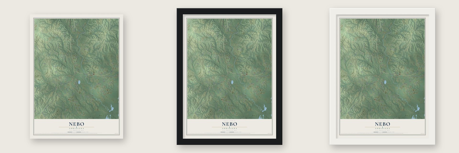 Nebo, Louisiana map unframed, in a black wood frame and in a white wood frame