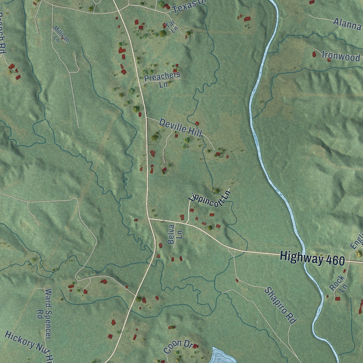 Second close-up of the map of Nebo, Louisiana print showing more streets and buildings