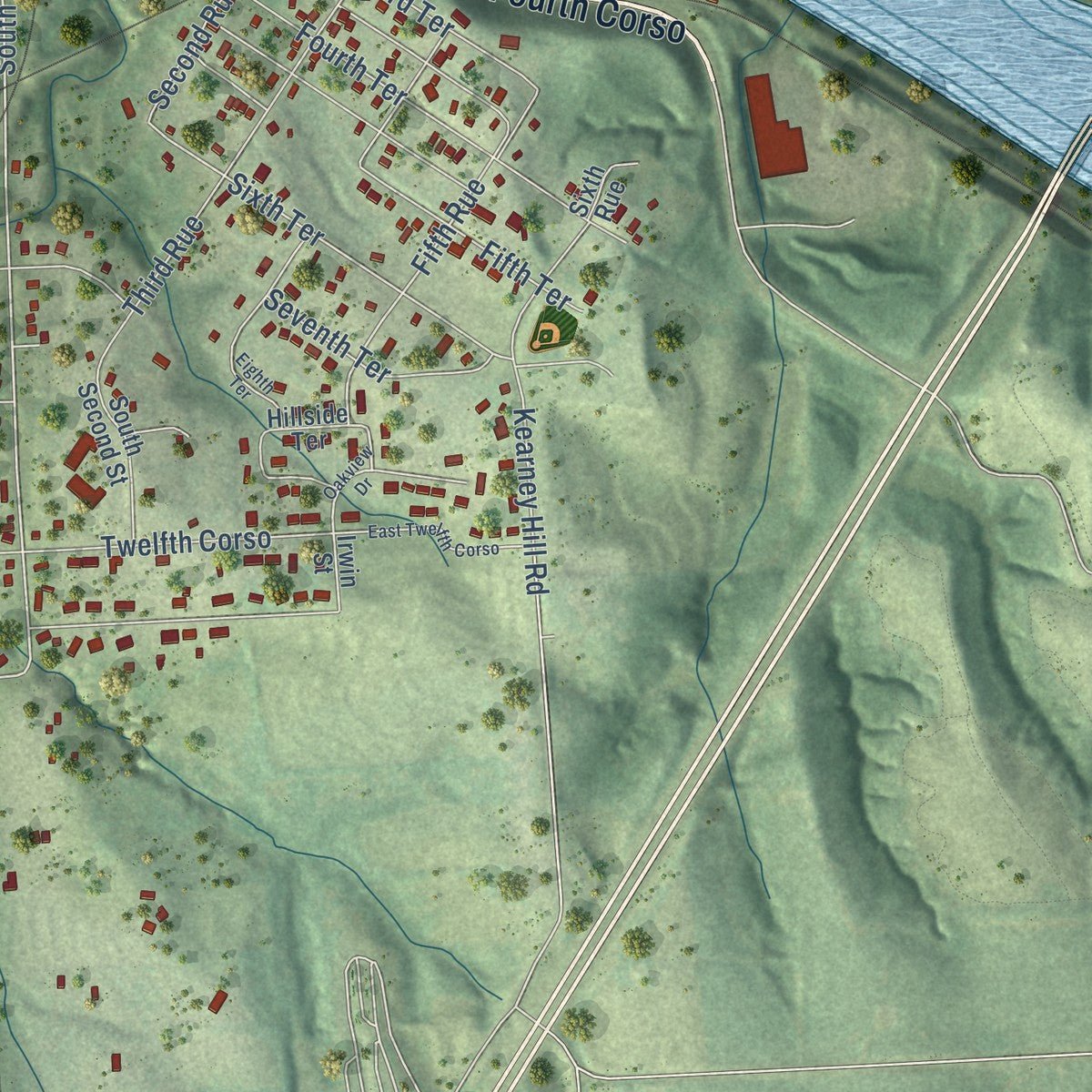 Second close-up of the map of Nebraska City, Nebraska print showing more streets and buildings