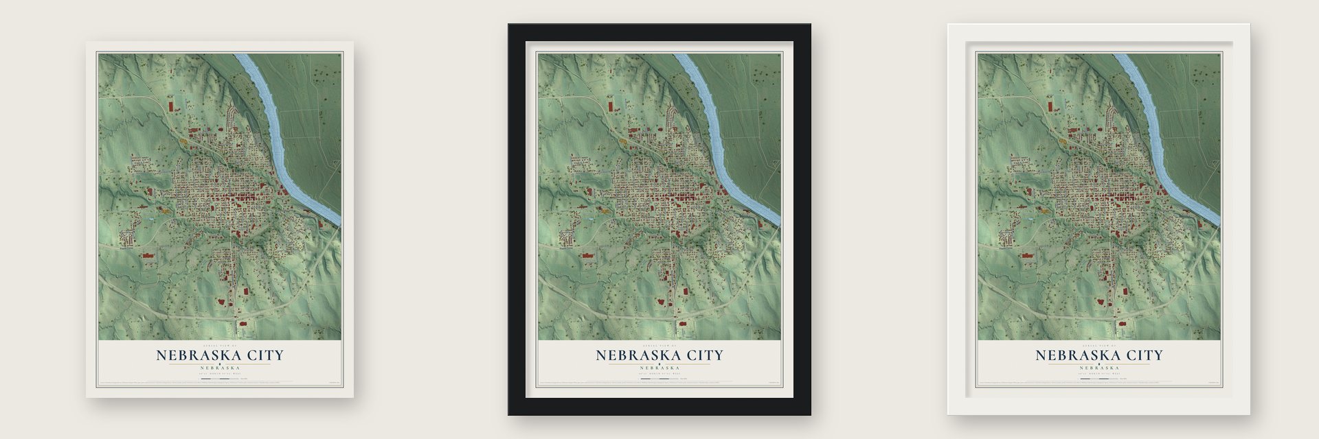 Nebraska City, Nebraska map unframed, in a black wood frame and in a white wood frame