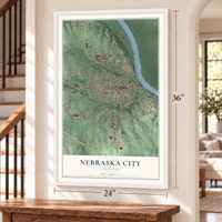 Nebraska City, Nebraska map, 24 x 36 inch print in a white frame by a staircase