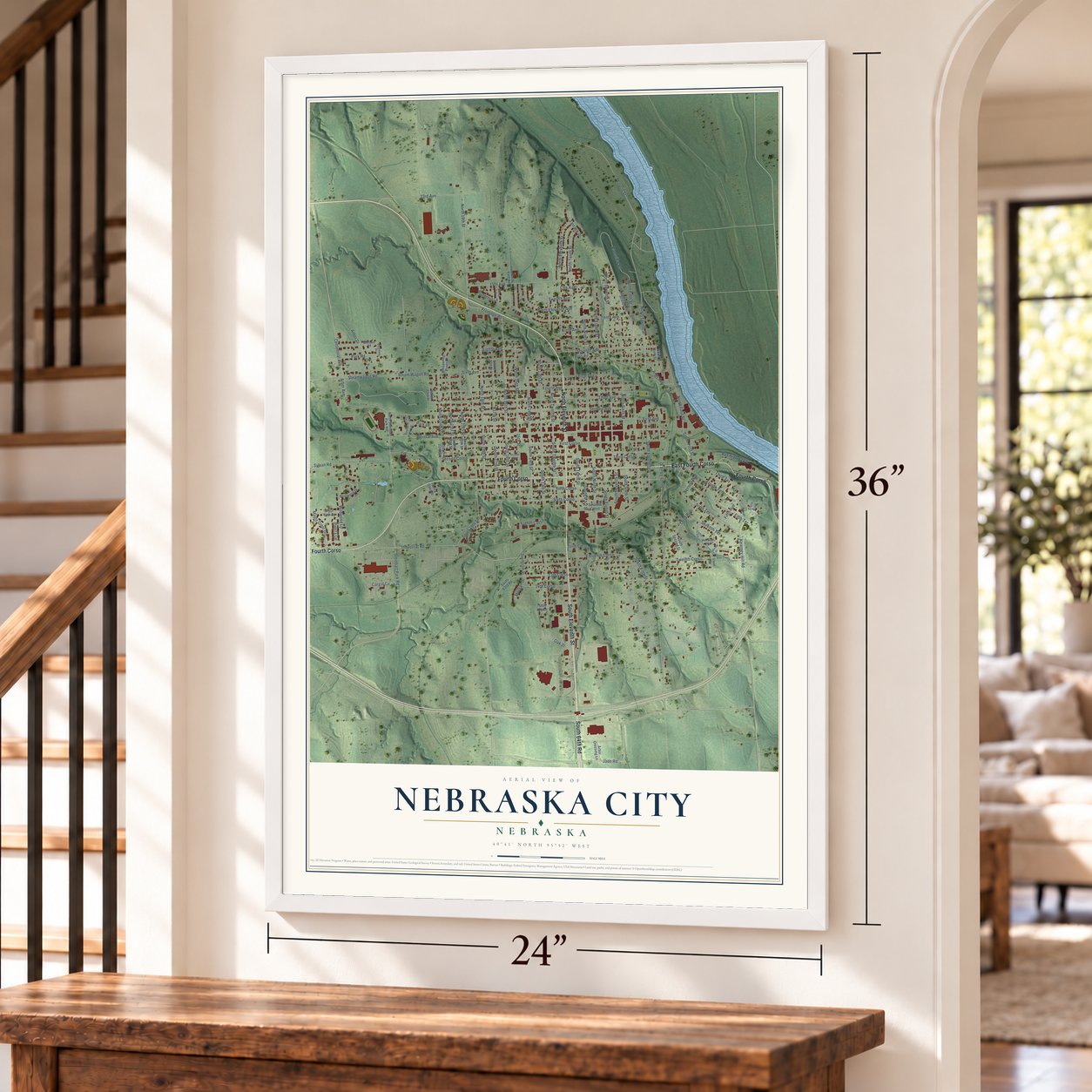 Nebraska City, Nebraska map, 24 x 36 inch print in a white frame by a staircase
